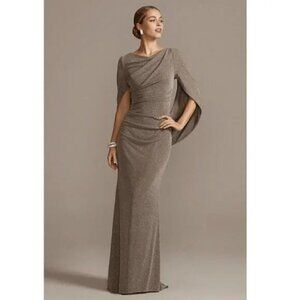 BETSY ADAM Jenna Long Metallic Draped Cowl Back Gown in Taupe/Silver Size US 10